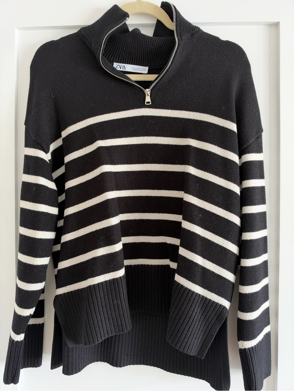 Zara Black & Cream Striped Half-Zip Mock Neck Sweater
